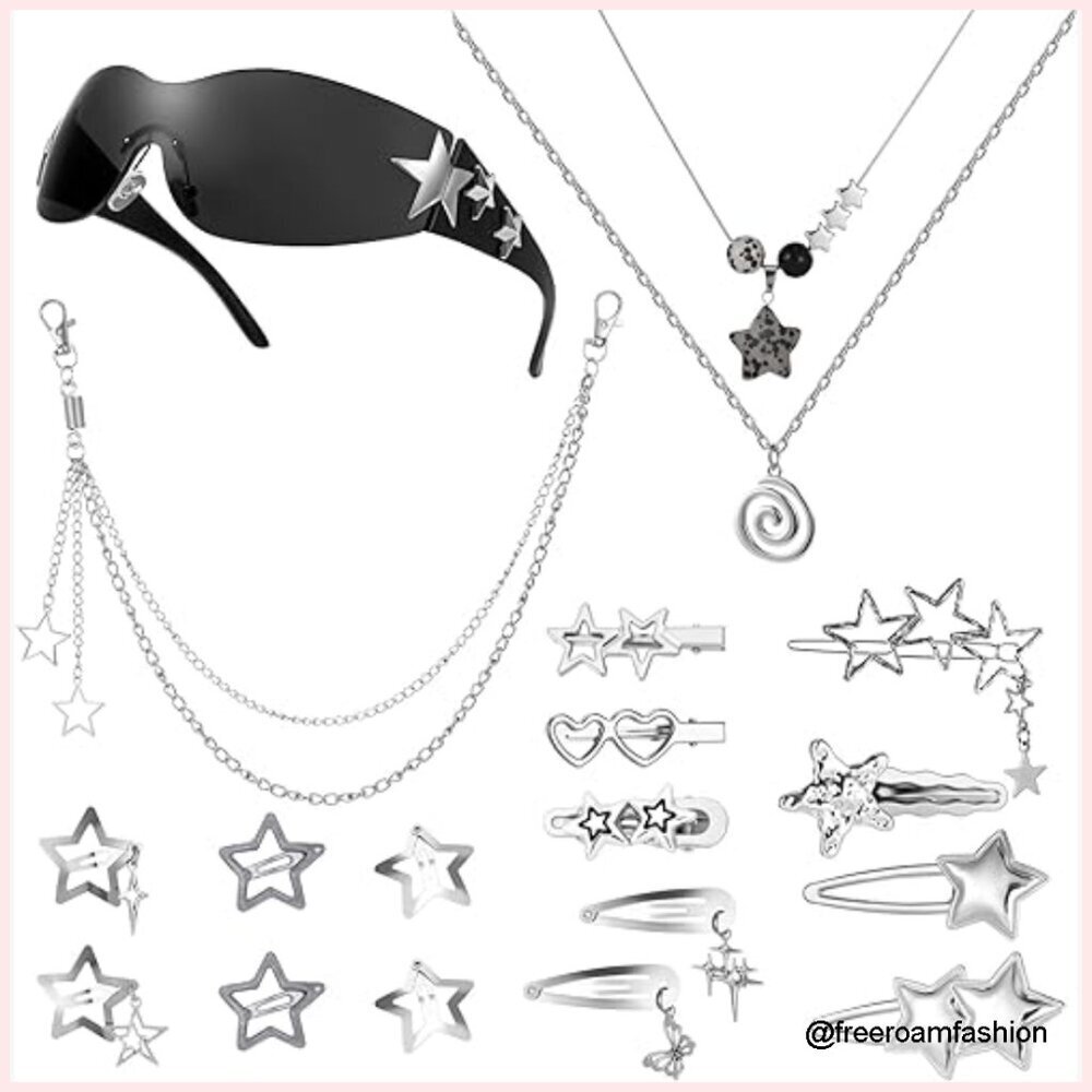 Y2K Jewelry Set with Necklace Sunglasses Hair Clips Hip Hop Chain